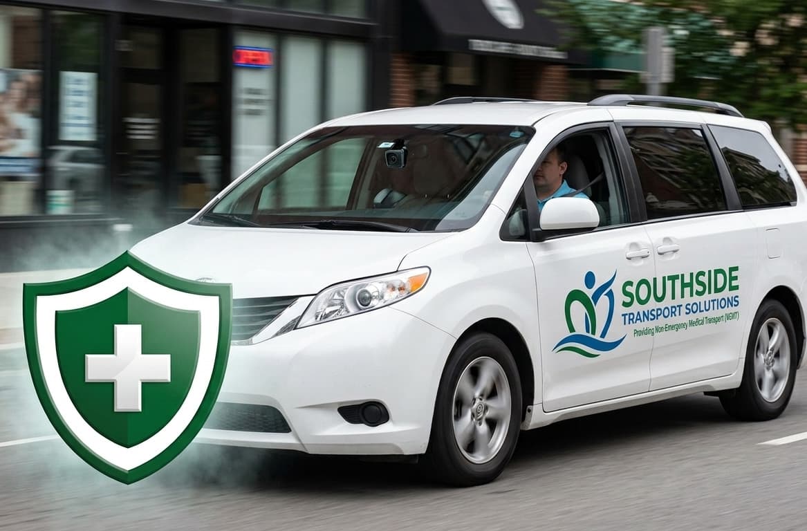A white NEMT vehicle, with "Southside Transport Solutions" and a company logo on the door, is in motion on a city street. A large green shield with a white medical cross is superimposed on the lower left.