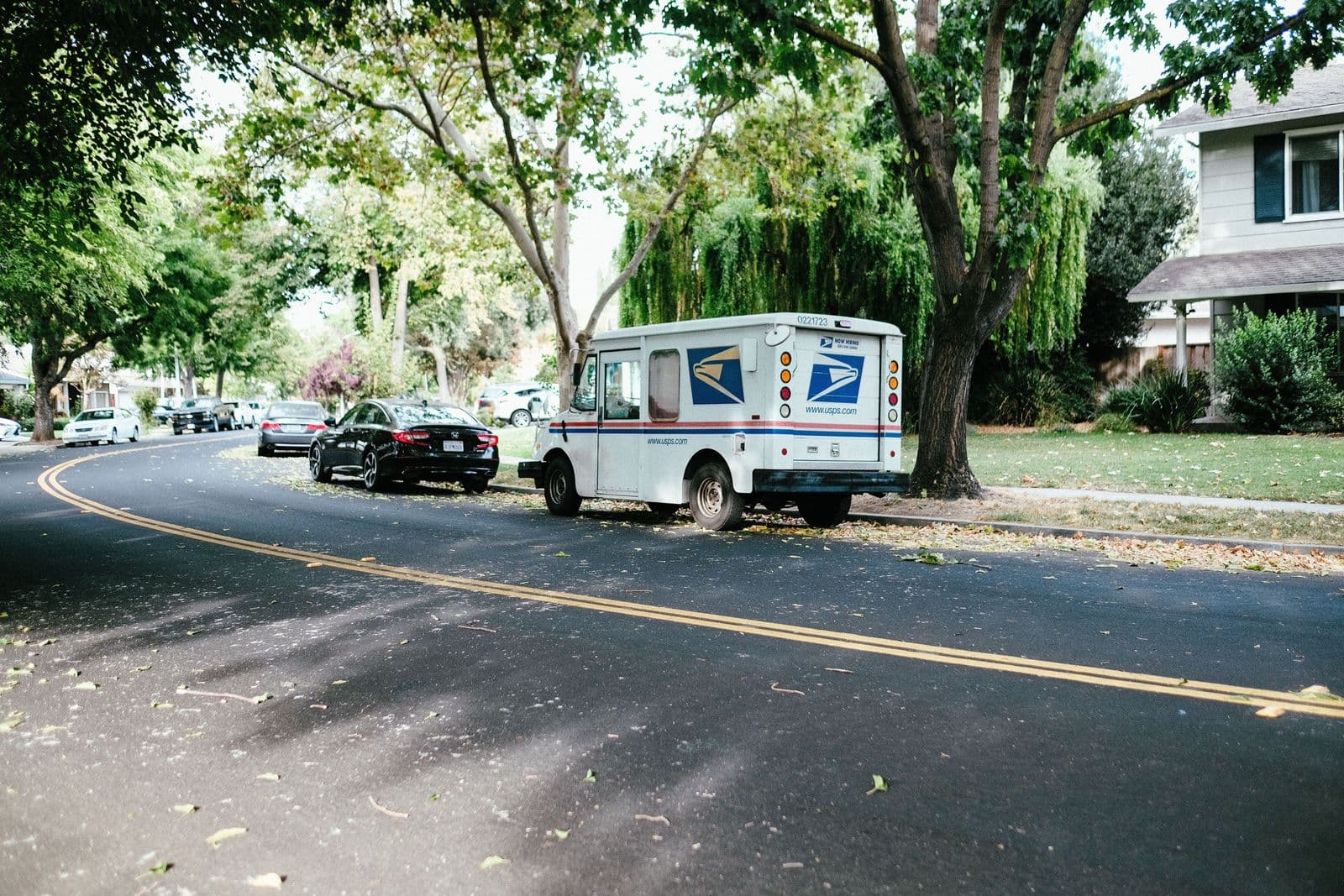 A delivery van parked on a tree-lined residential street