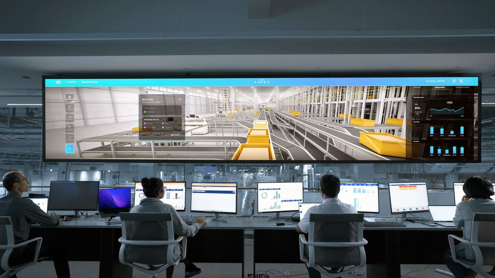 Operators at workstations in front of a wide wall display in a modern operations centre
