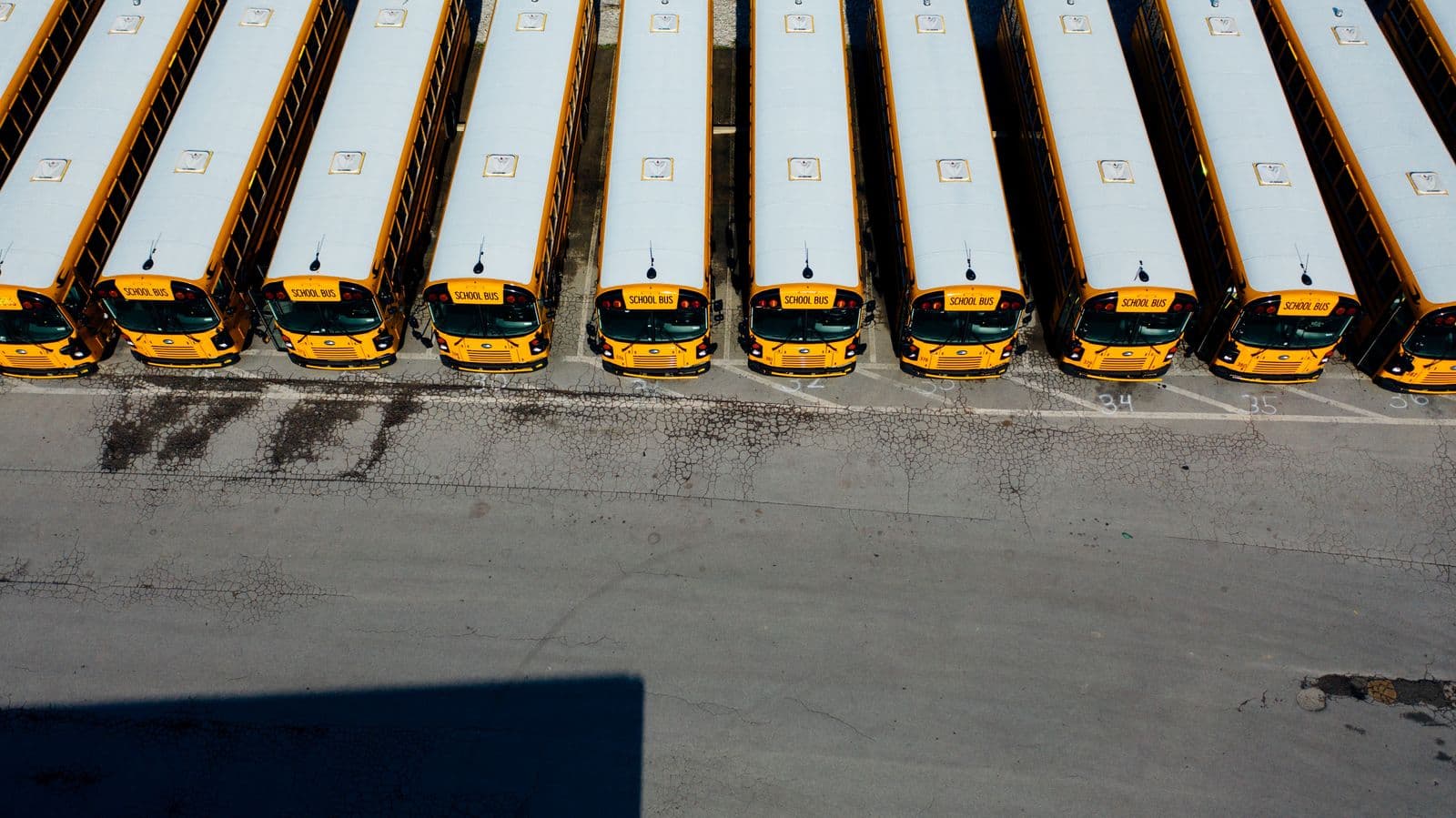 Rows of yellow school buses parked in a depot lot, seen from above