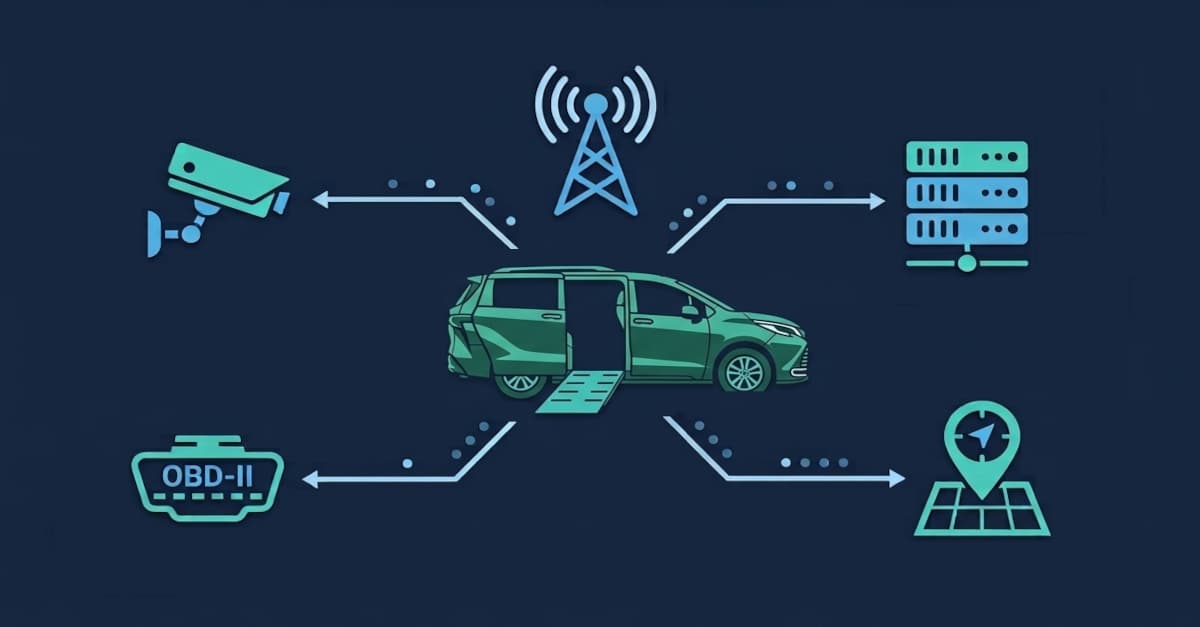An illustration of a green wheelchair-accessible minivan with its side door open and ramp lowered, on a dark navy field. Dotted arrows run out from the van to icons for a camera, a cell tower, a server rack, an OBD-II port and a map location pin.